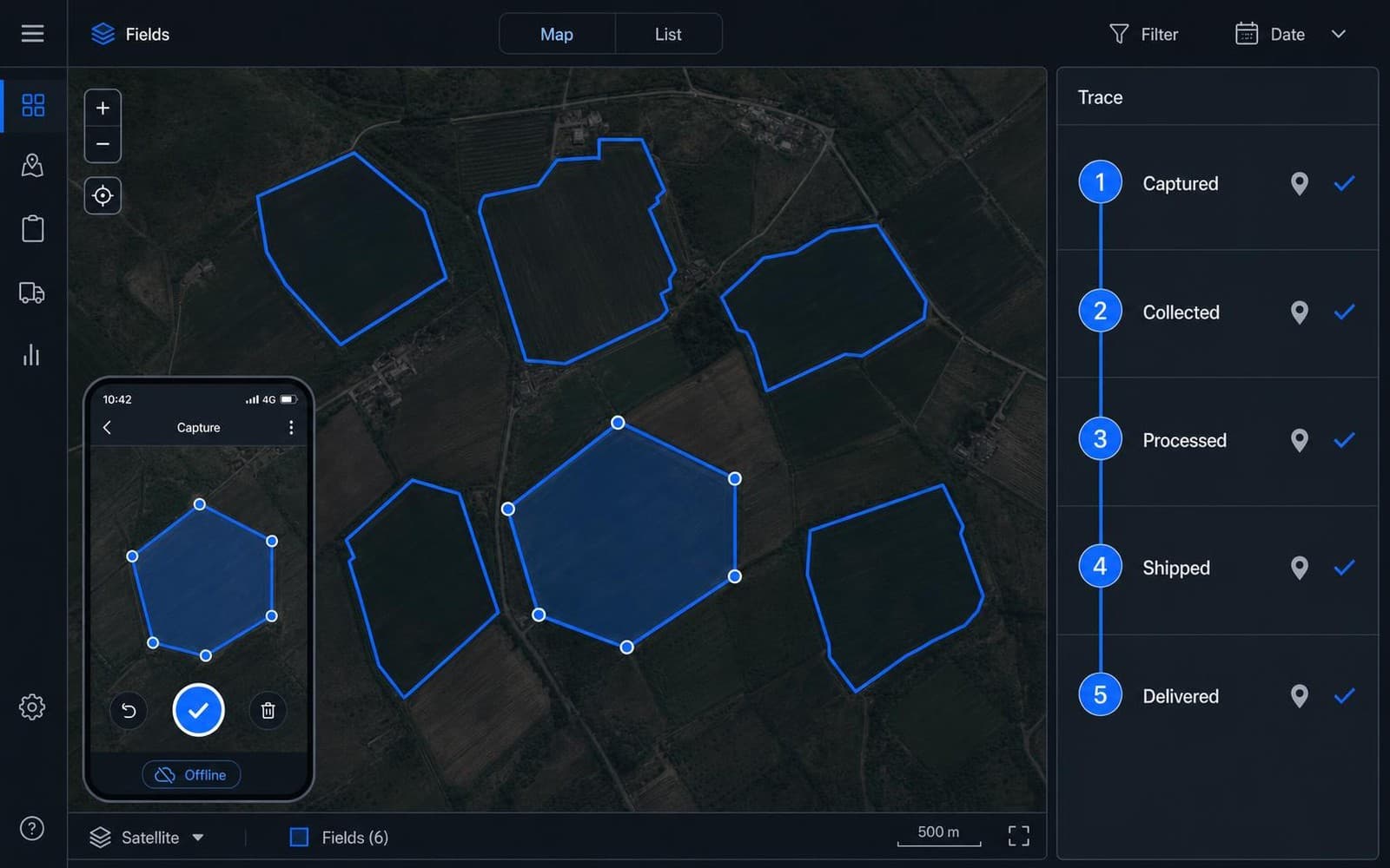 A satellite map with six mapped field boundaries, a mobile capture screen working offline, and a trace panel confirming the captured, collected, processed, shipped and delivered stages.