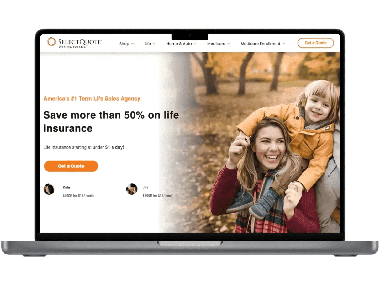 The SelectQuote site on a laptop, headlined save more than 50 percent on life insurance, with a family photograph and a get a quote button.