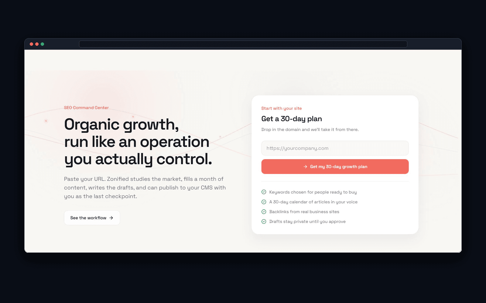 Zonified Rank SEO Command Center interface showing the initial onboarding setup to generate a 30-day autonomous organic growth and content plan from a domain URL.