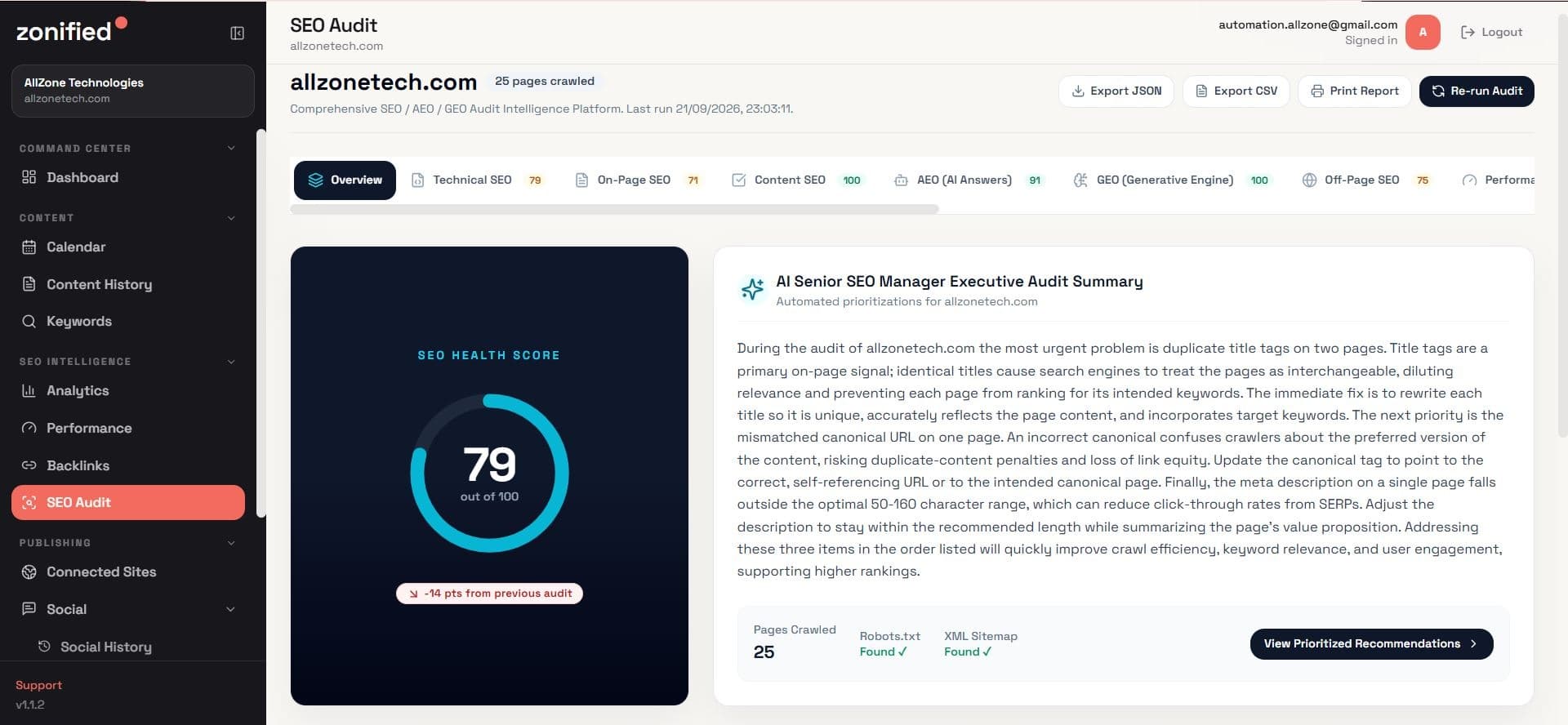Zonified Rank Comprehensive SEO, AEO, and GEO Audit Intelligence Platform showing an overall health score of 79/100 and AI Senior SEO Manager executive summary