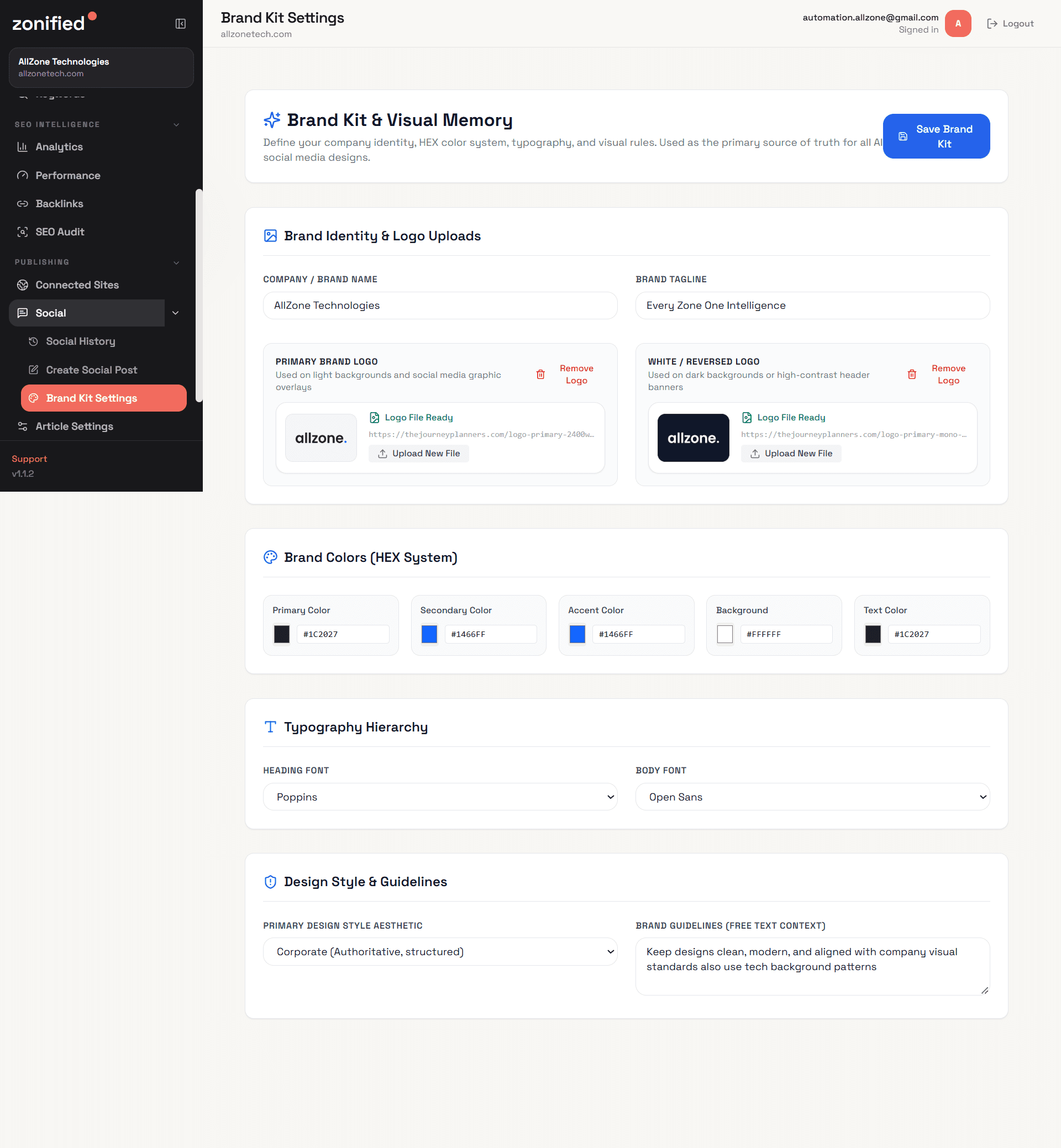 Zonified Rank Brand Kit settings configuring tone of voice, visual identity, target audience, and enterprise style guidelines