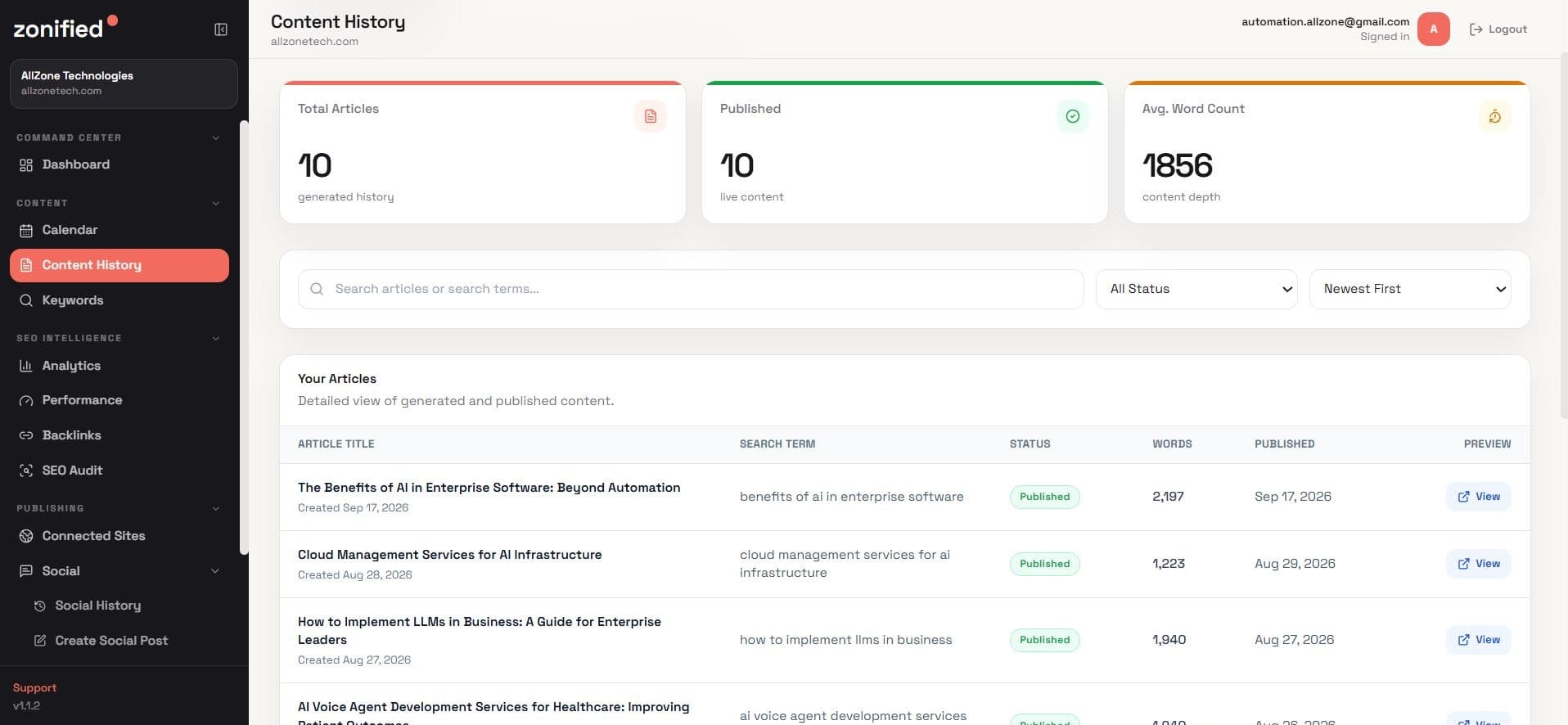 Zonified Rank Content History audit log detailing published articles with search terms, status, word counts, and live previews