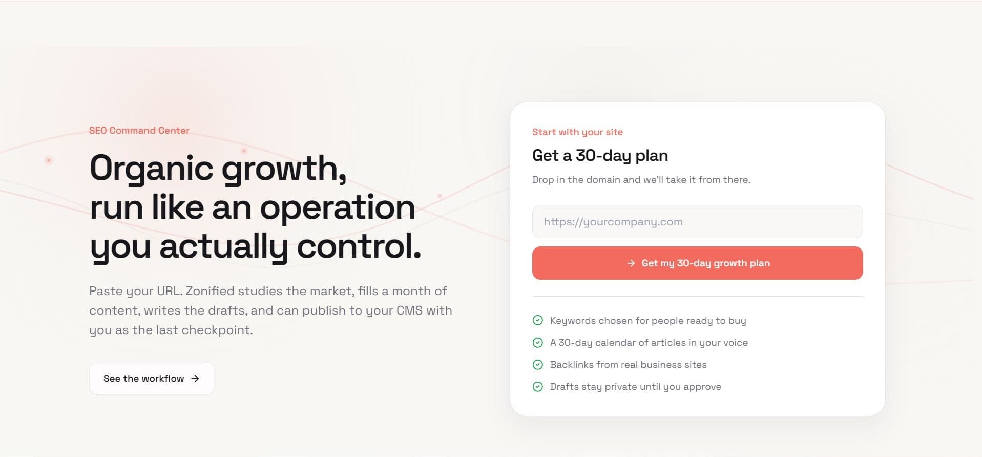 Zonified Rank SEO Command Center onboarding setup interface allowing enterprises to enter their domain to automatically generate a 30-day autonomous organic growth and content roadmap