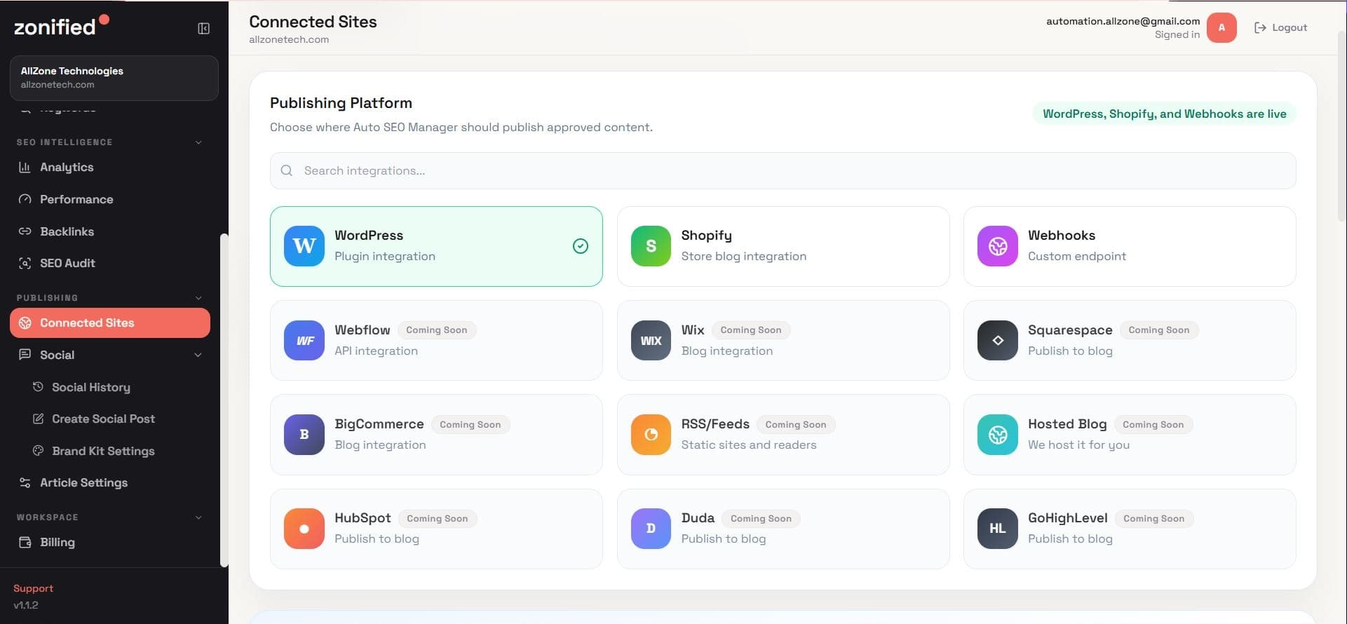 Zonified Rank Connected Sites and publishing platform integrations supporting WordPress plugin, Shopify, custom webhooks, Webflow, and RSS feeds