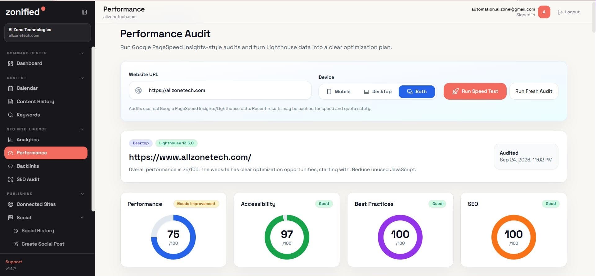 Zonified Rank Google PageSpeed and Lighthouse audit module reporting Core Web Vitals, accessibility, best practices, and SEO scores for both mobile and desktop