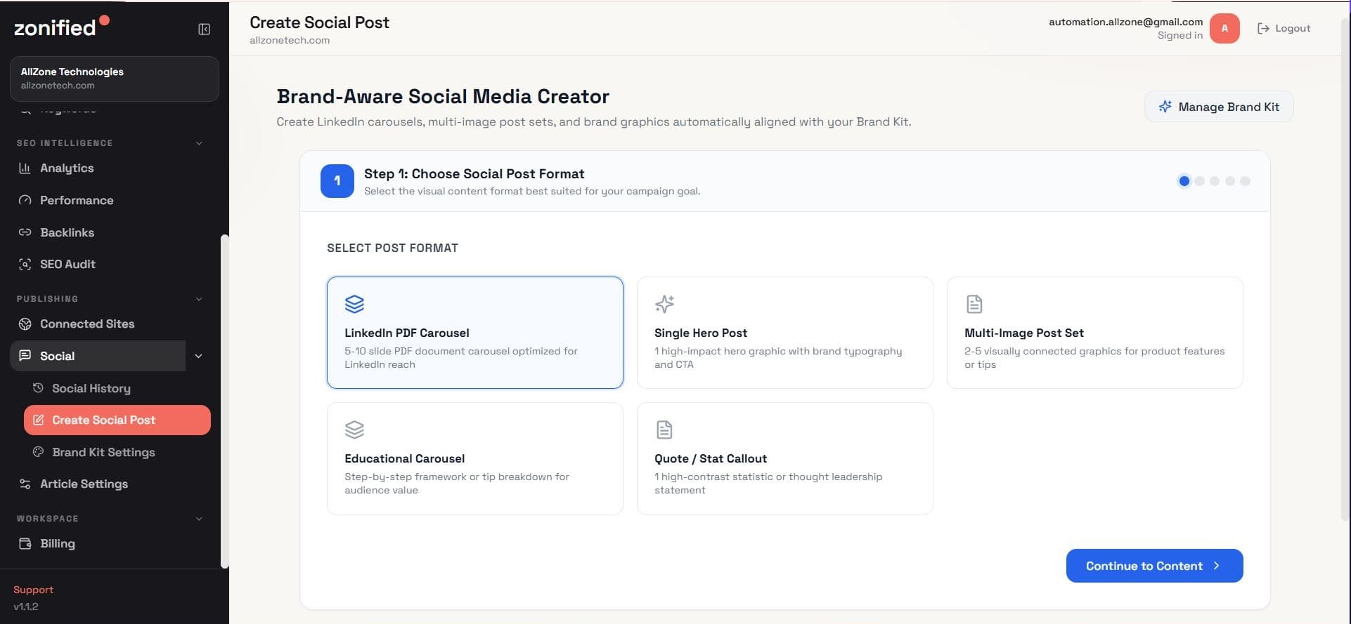 Zonified Rank Brand-Aware Social Media Creator interface for generating LinkedIn PDF carousels, single hero posts, and multi-image graphic sets