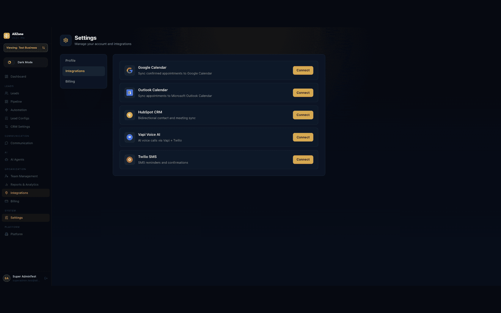 The Zonified Connect integrations settings, listing Google Calendar, Outlook Calendar, HubSpot CRM, Vapi Voice AI and Twilio SMS, each with a connect button and a line describing what it syncs