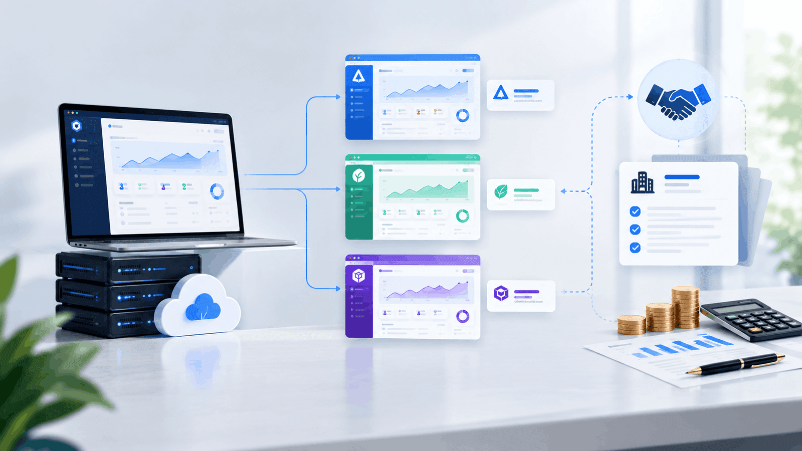 One white label software platform serving several reseller brands, each with its own logo, domain and isolated client data