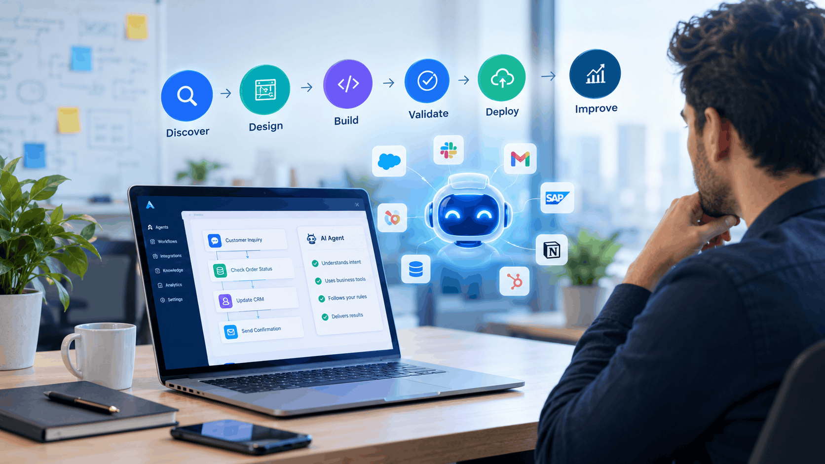 AI agent development process from workflow discovery to architecture, build, validation and production monitoring