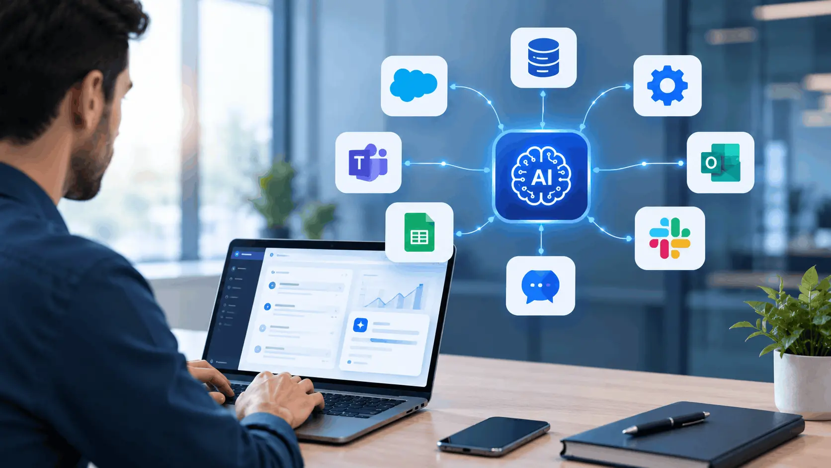 Diagram of AI connected to CRM, ERP, help desk and documents through an integration layer with human approval