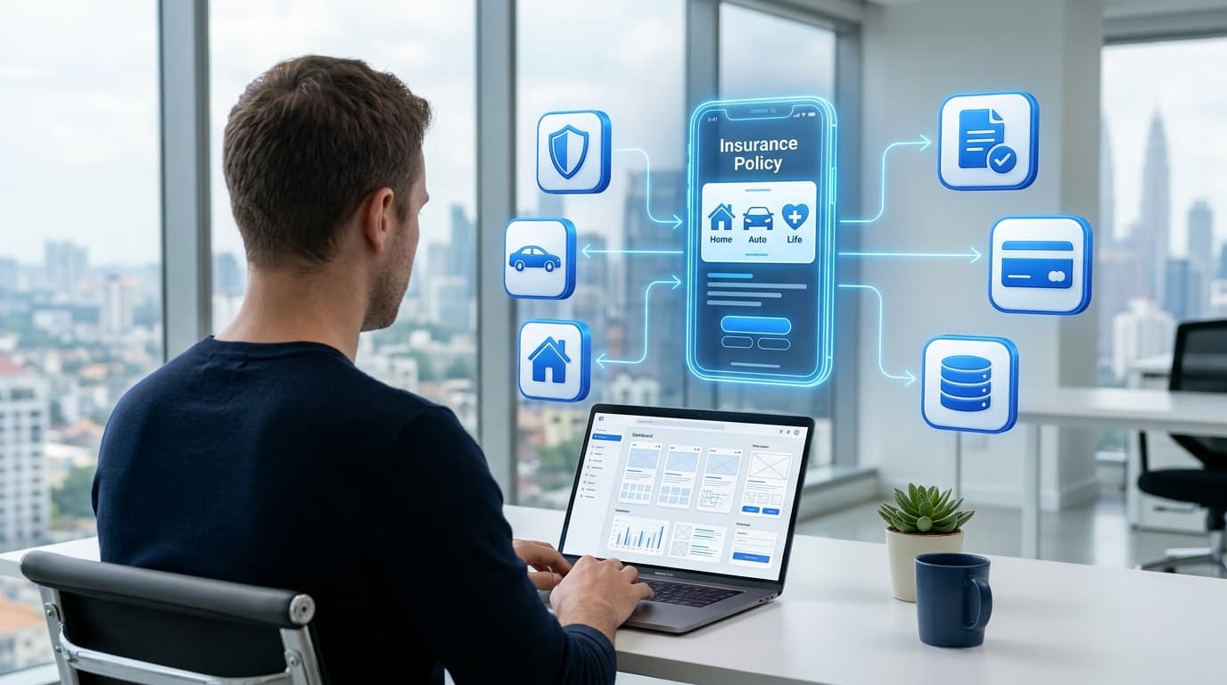 An insurance app for policyholders and agents linked through a secure backend to policy administration, billing and claims systems.